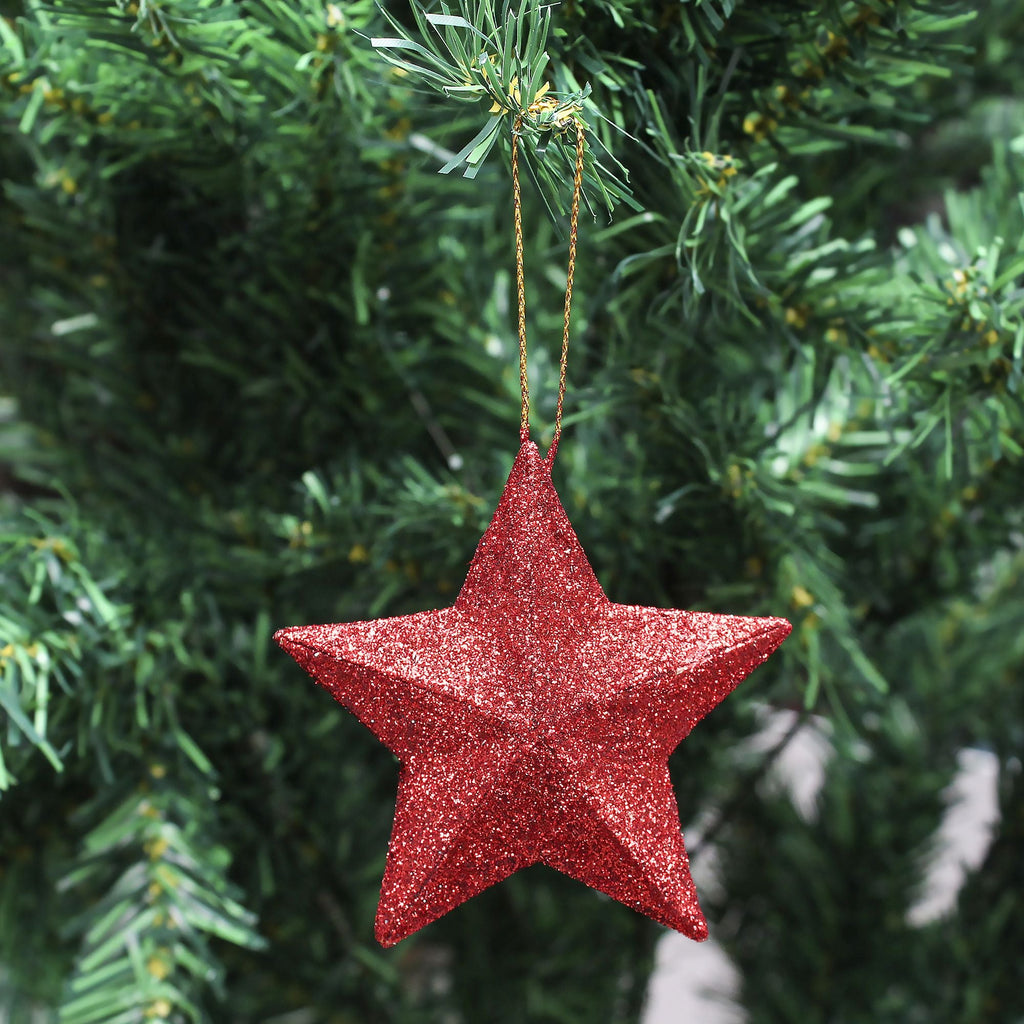 Handmade Christmas Ornaments - 3D Glitter Stars, 2inch, Red, 8pc