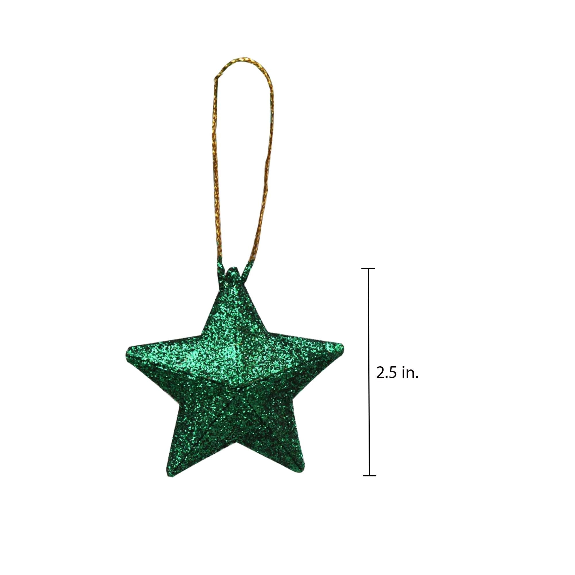 Handmade Christmas Ornaments - 3D Glitter Stars, 2.5inch, Green, 6pc