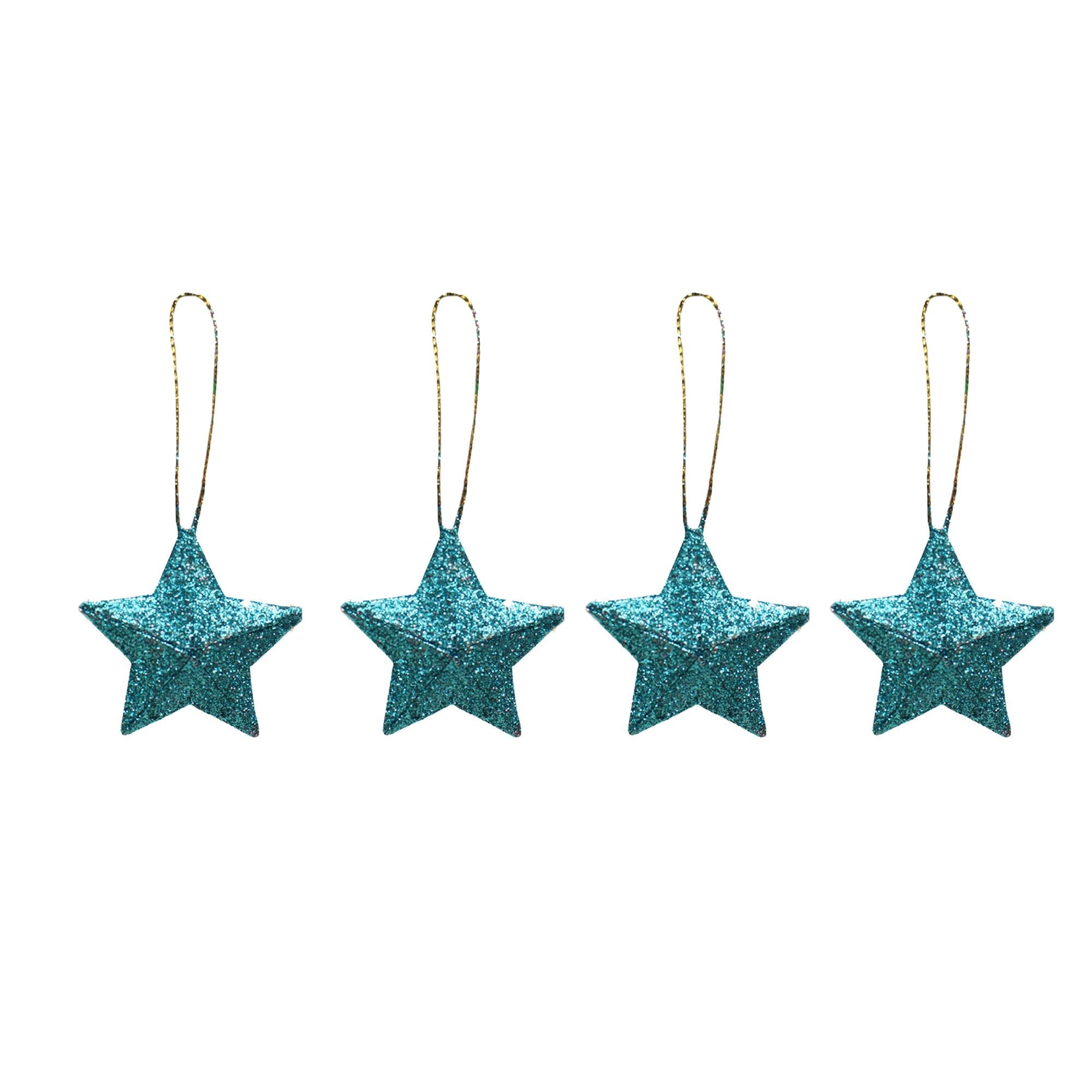 Handmade Christmas Ornaments - 3D Glitter Stars, 3.25inch, Blue, 4pc