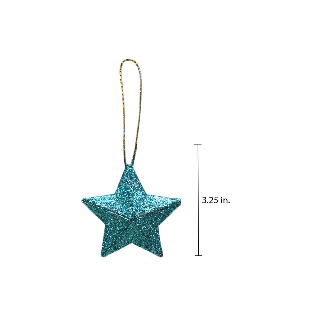 Handmade Christmas Ornaments - 3D Glitter Stars, 3.25inch, Blue, 4pc