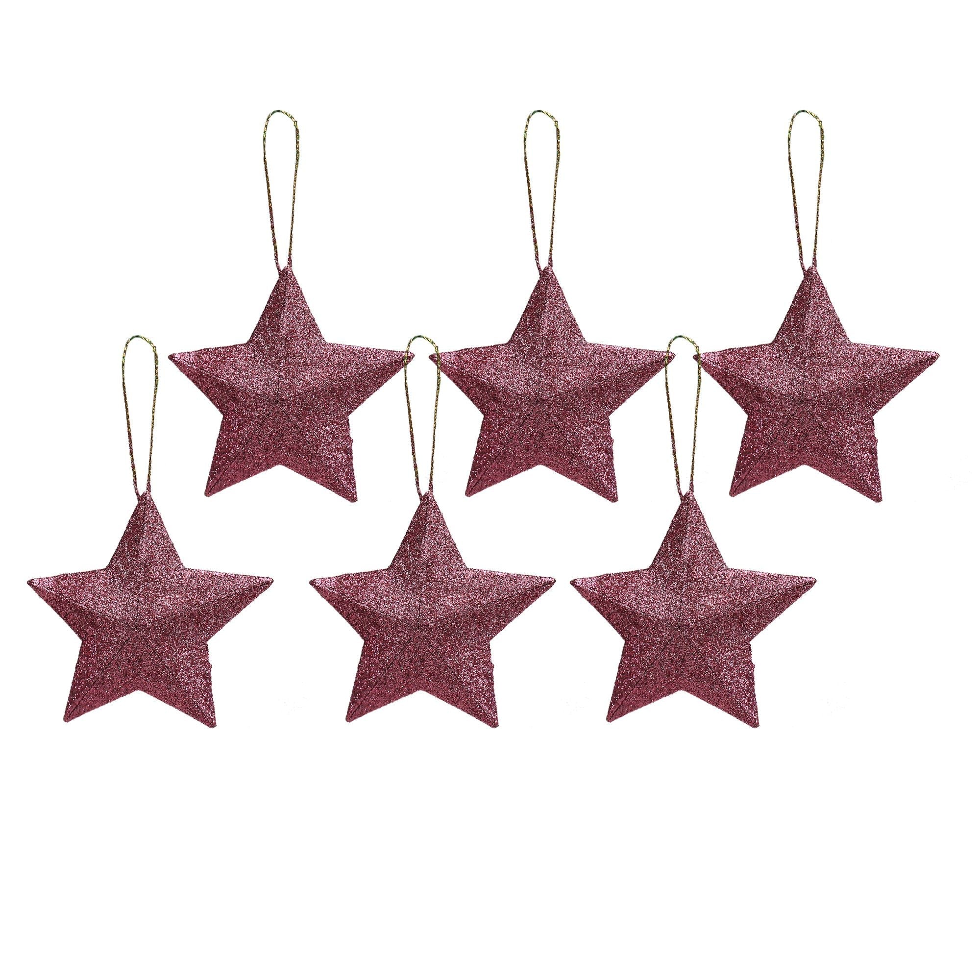 Handmade Christmas Ornaments - 3D Glitter Stars, 2.5inch, Pink, 6pc