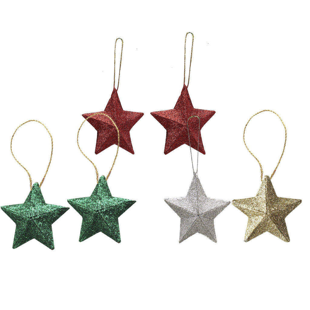 Handmade Christmas Ornaments - 3D Glitter Stars, 2.5inch, Assorted Colours - Gold, Red, Green, Silver, 6pc