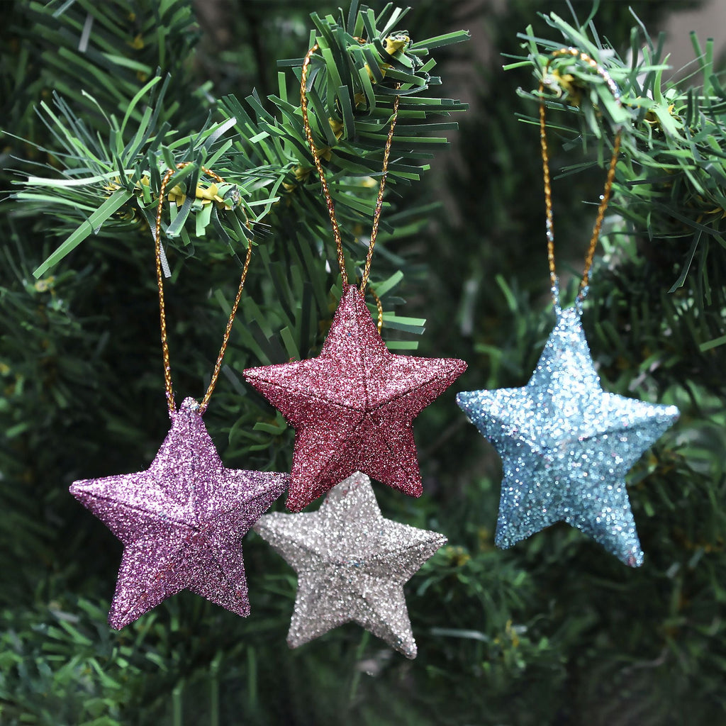 Handmade Christmas Ornaments 3D Glitter Star 2inch Ass Col Blue, Purple, Silver, pink 8pc Acetate Box