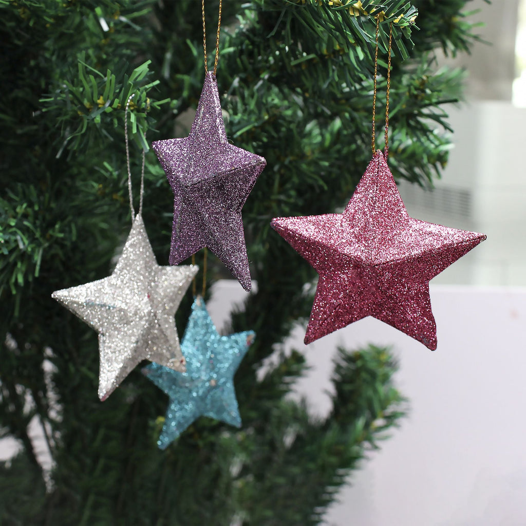 Handmade Christmas Ornaments - 3D Glitter Stars, 3.25inch, Assorted Colours - Blue, Purple, Silver, pink, 4pc
