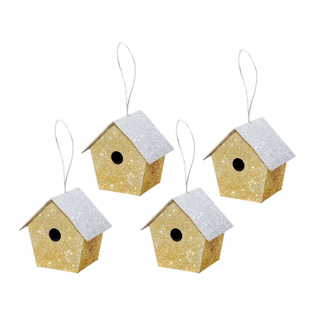 Handmade Christmas Ornaments - Glitter Bird house, Height 2.5 X Width 2.5 X Length 1.5inch, Gold, 4pc