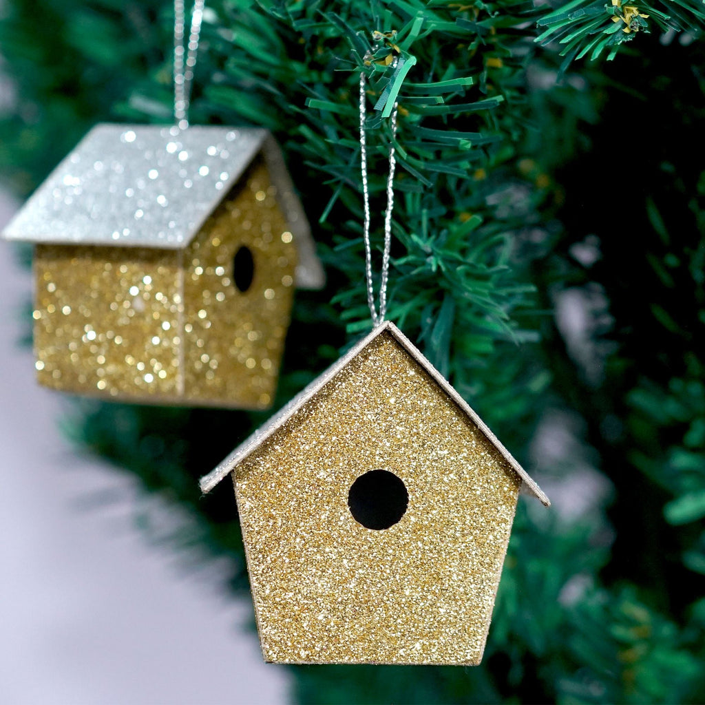 Handmade Christmas Ornaments - Glitter Bird house, Height 2.5 X Width 2.5 X Length 1.5inch, Gold, 4pc