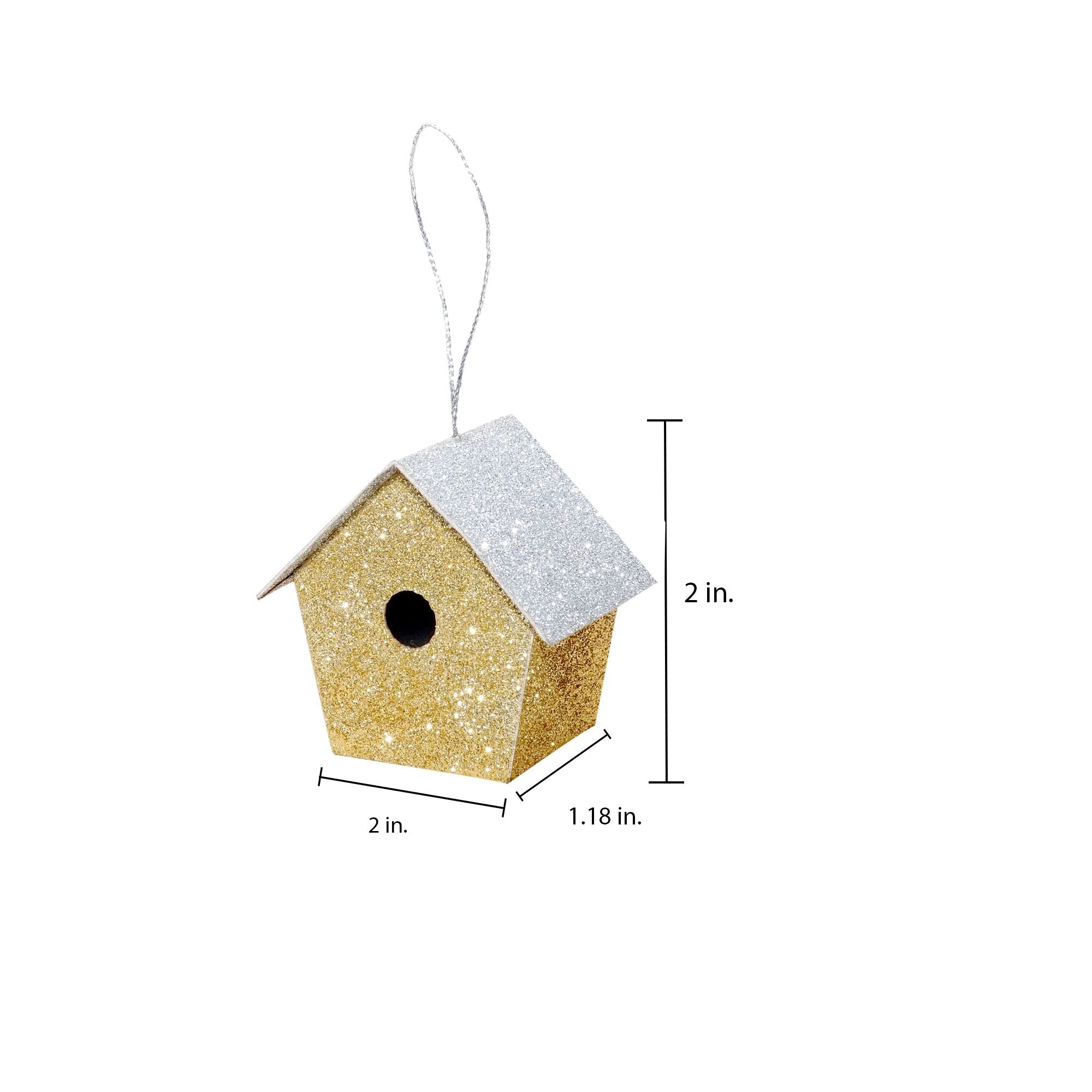 Handmade Christmas Ornaments - Glitter Bird house, Height 2 X Width 2 X Length1.18inch, Gold, 6pc