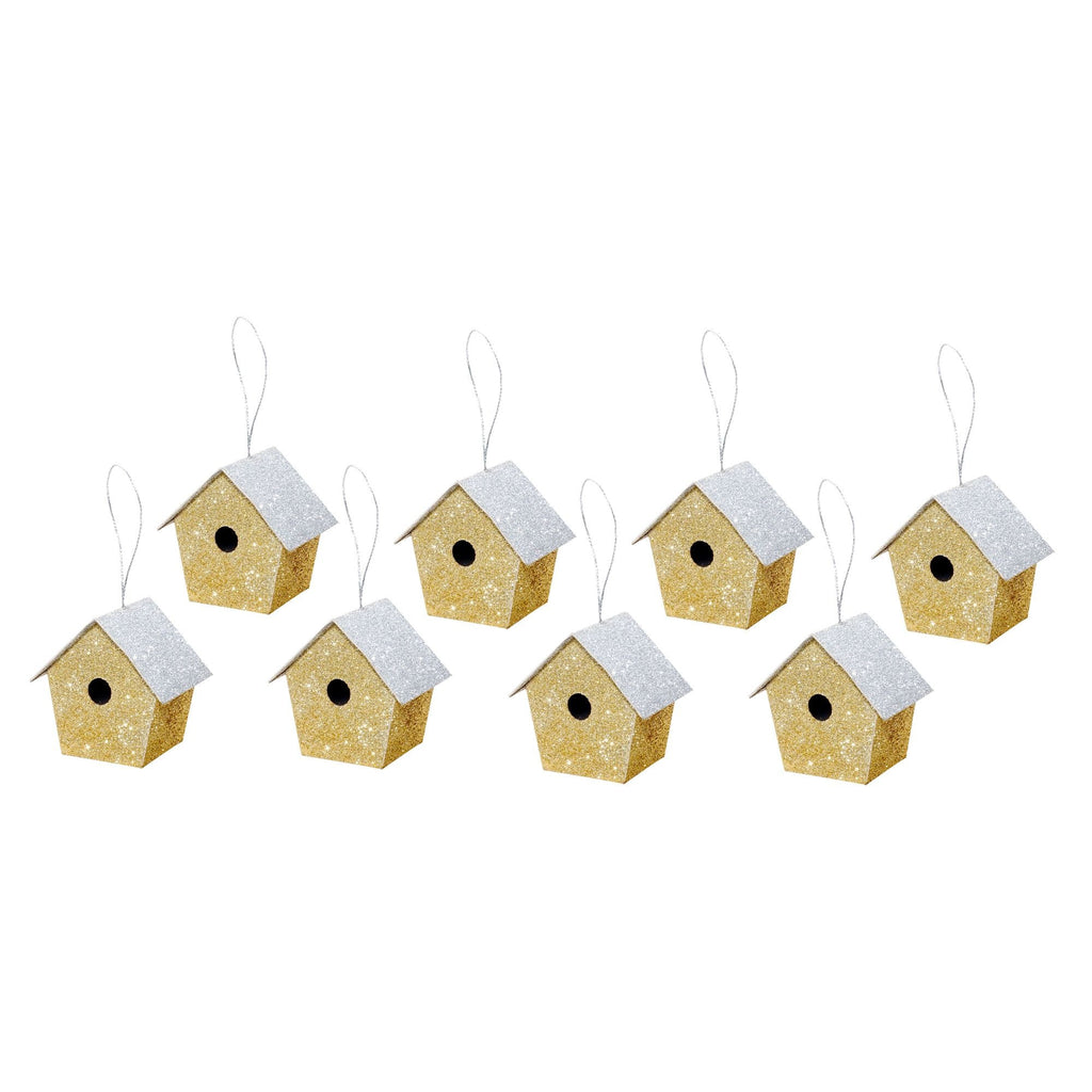 Handmade Christmas Ornaments - Glitter Bird house H 2.5 X W 2.5 X L 1.5inch, Assorted Colours - Gold, Red, Green, Silver, 4pc