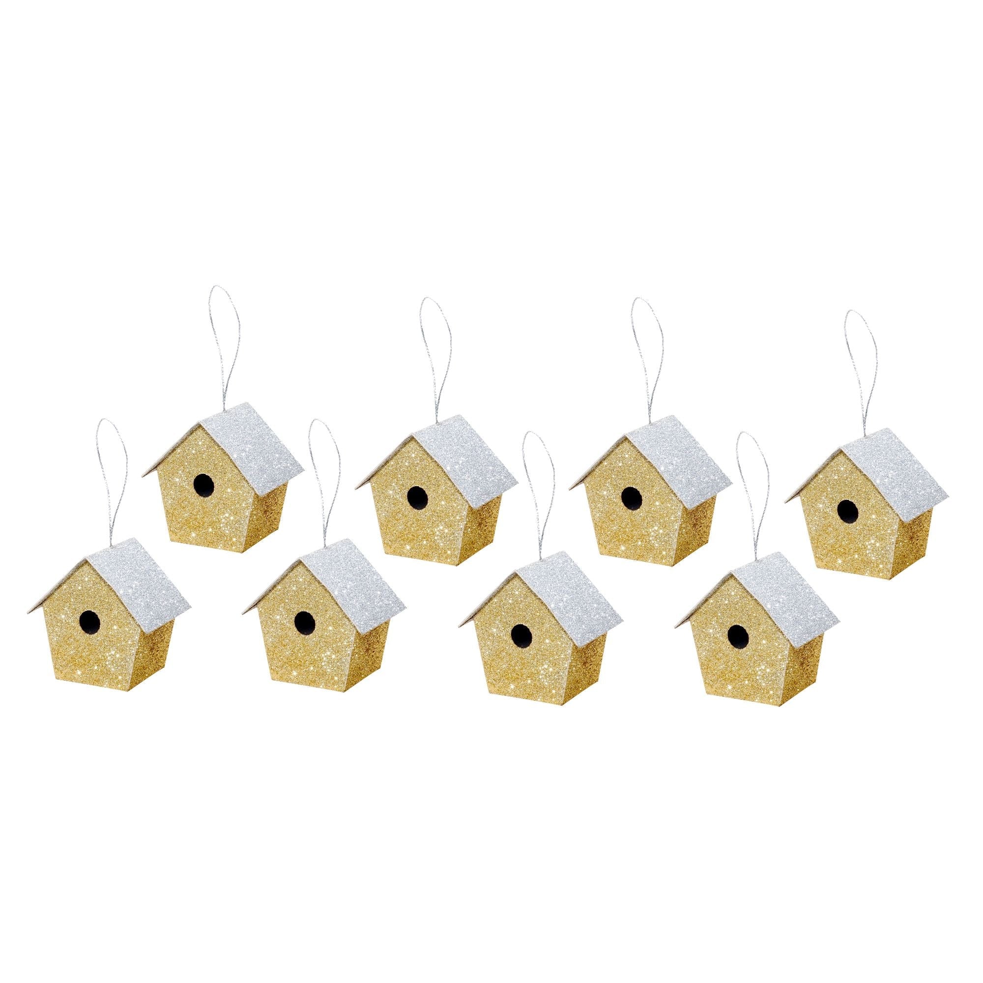 Handmade Christmas Ornaments - Glitter Bird house H 2.5 X W 2.5 X L 1.5inch, Assorted Colours - Gold, Red, Green, Silver, 4pc