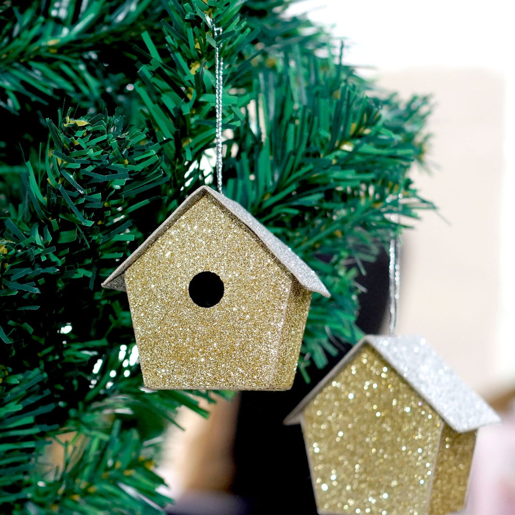 Handmade Christmas Ornaments - Glitter Bird house H 2.5 X W 2.5 X L 1.5inch, Assorted Colours - Gold, Red, Green, Silver, 4pc