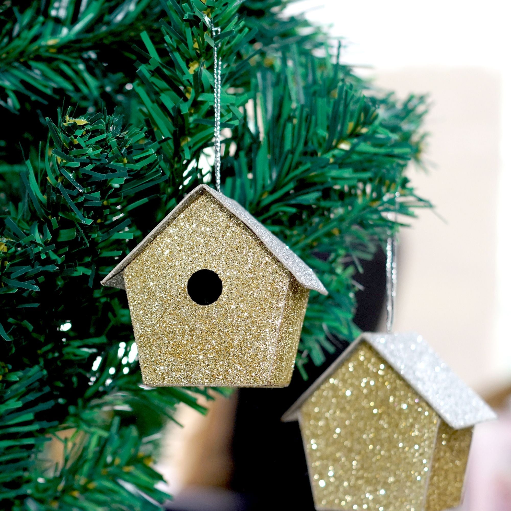 Handmade Christmas Ornaments - Glitter Bird house H 2.5 X W 2.5 X L 1.5inch, Assorted Colours - Gold, Red, Green, Silver, 4pc