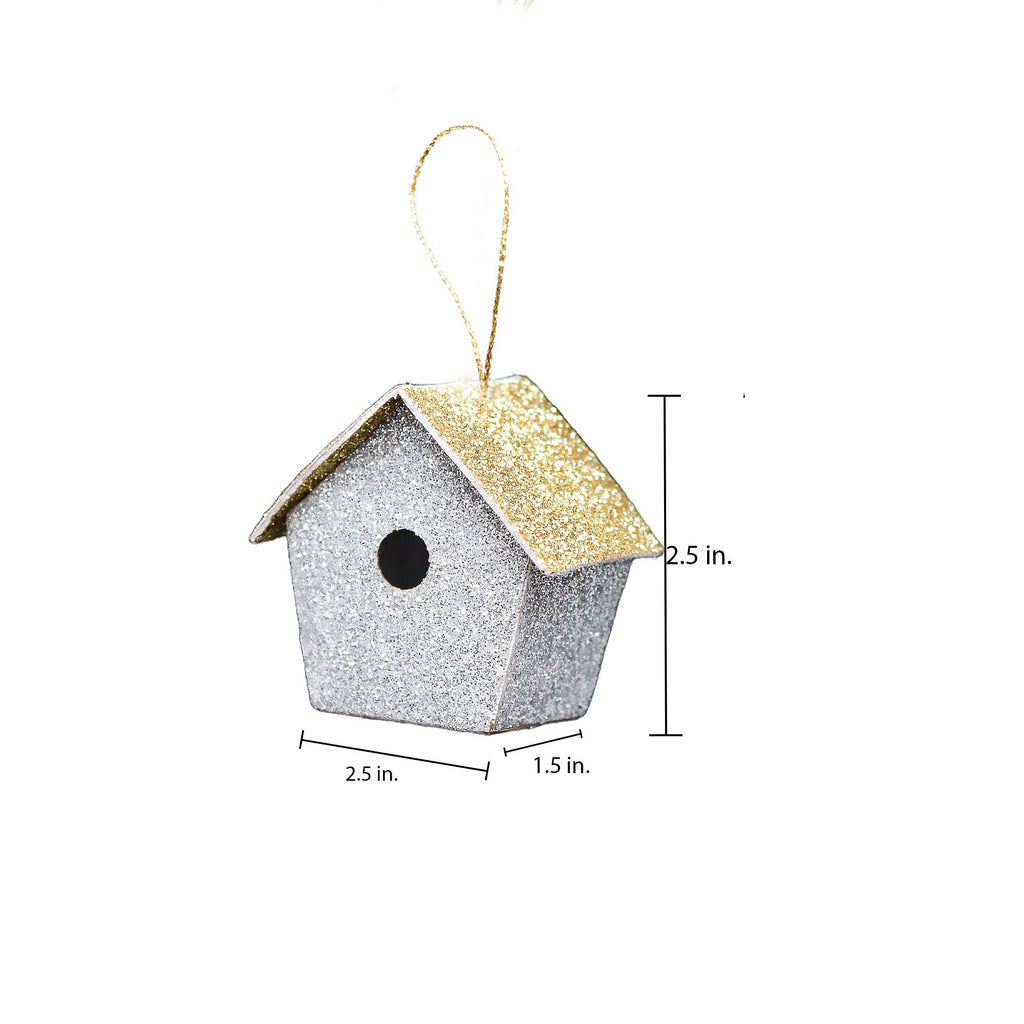 Handmade Christmas Ornaments - Glitter Bird house, Height 2.5 X Width 2.5 X Length 1.5inch, Silver, 4pc