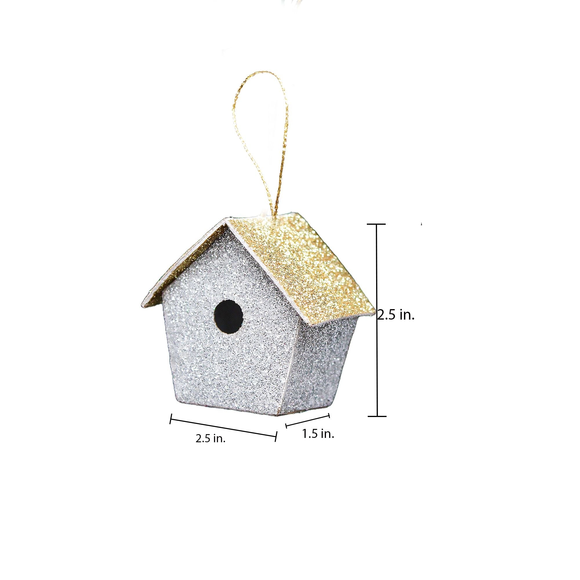 Handmade Christmas Ornaments - Glitter Bird house, Height 2.5 X Width 2.5 X Length 1.5inch, Silver, 4pc