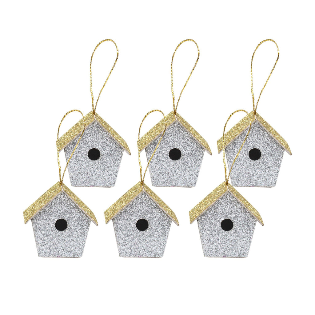 Handmade Christmas Ornaments - Glitter Bird house, Height 2 X Width 2 X Length 1.18inch, Silver, 6pc