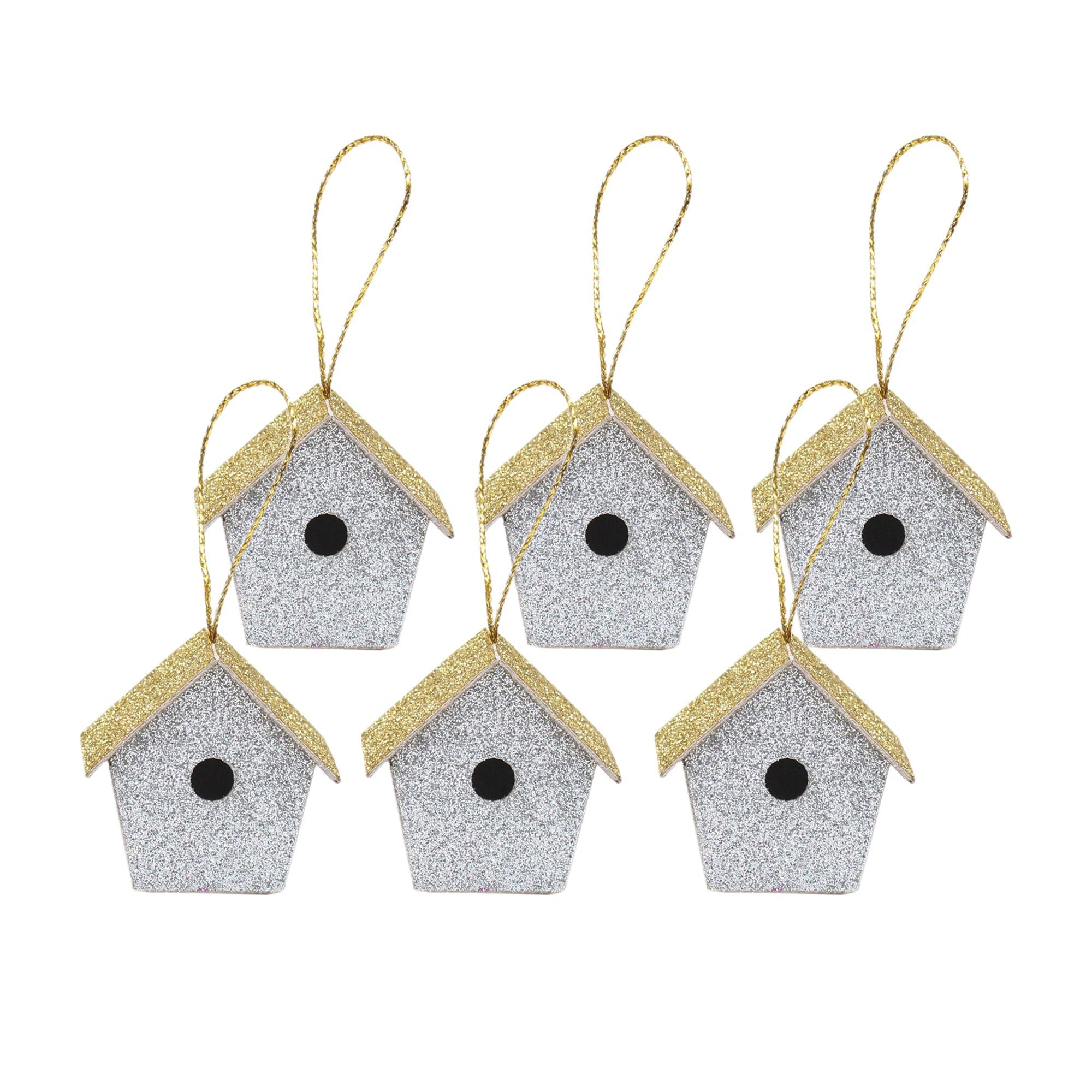 Handmade Christmas Ornaments - Glitter Bird house, Height 2 X Width 2 X Length 1.18inch, Silver, 6pc