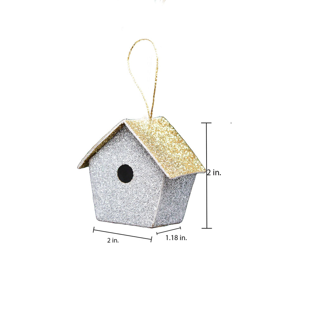 Handmade Christmas Ornaments - Glitter Bird house, Height 2 X Width 2 X Length 1.18inch, Silver, 6pc