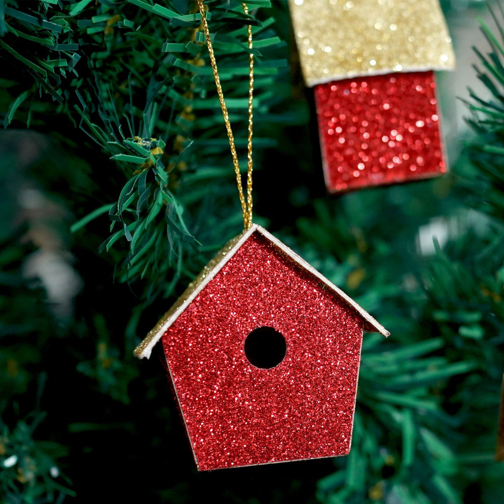 Handmade Christmas Ornaments - Glitter Bird house, Height 2.5 X Width 2.5 X Length 1.5inch, Red, 4pc