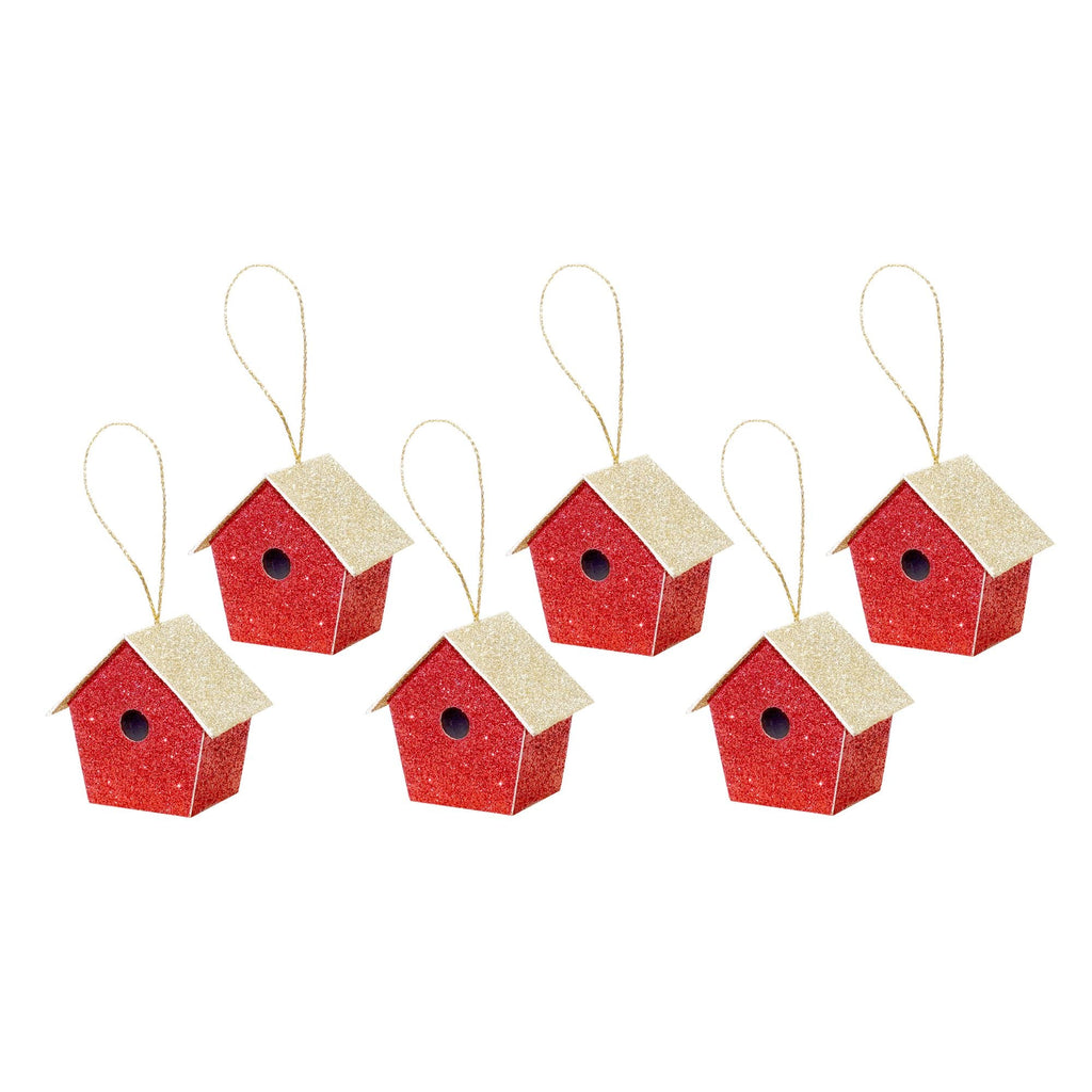 Handmade Christmas Ornaments - Glitter Bird house, Height 2 X Width 2 X Length 1.18inch, Red, 6pc