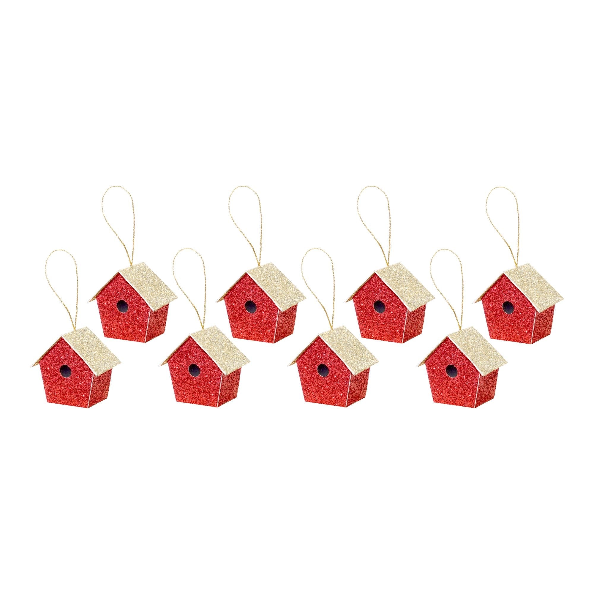 Handmade Christmas Ornaments - Glitter Bird house, H 1.5 X W 1.5 X L 1inch, Red, 8pc