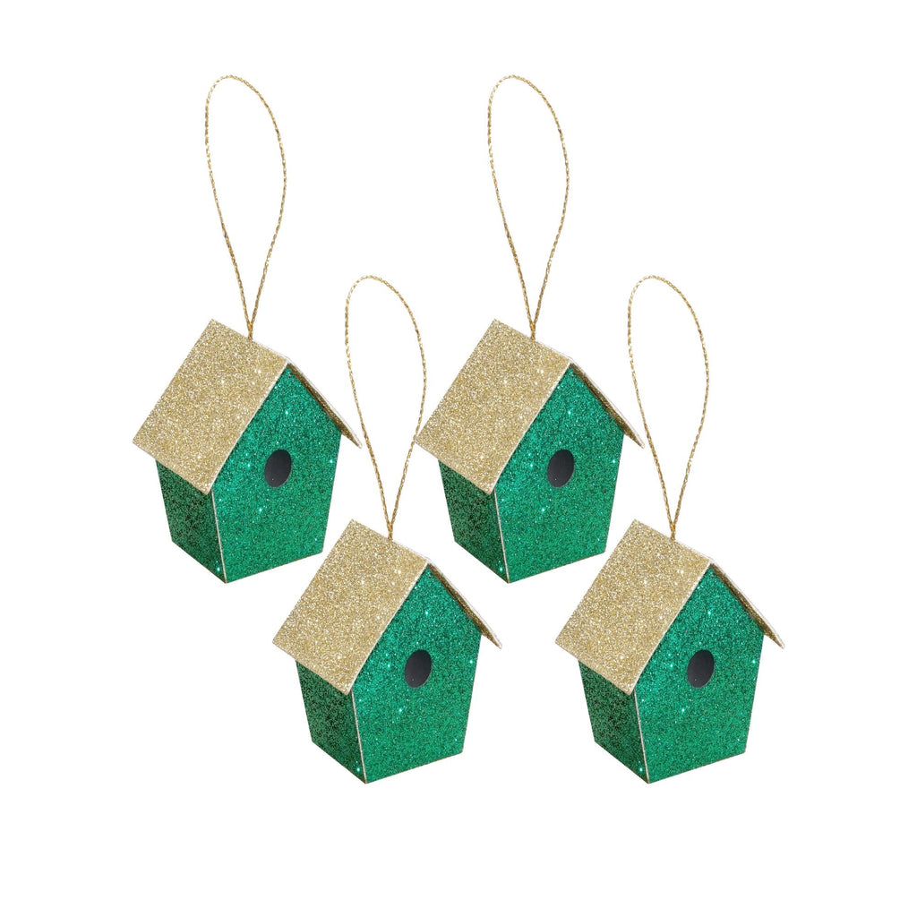 Handmade Christmas Ornaments - Glitter Bird house, Height 2.5 X Width 2.5 X Length1.5inch, Green, 4pc
