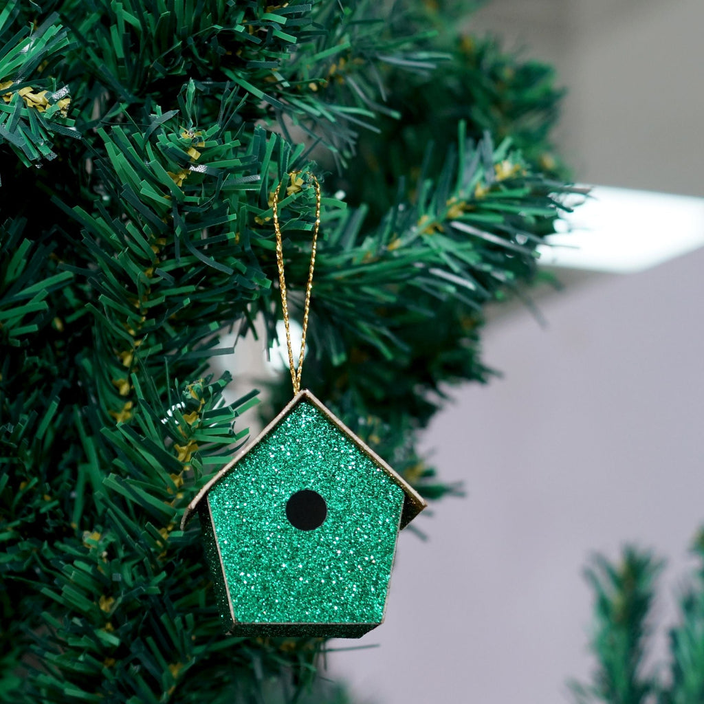 Handmade Christmas Ornaments - Glitter Bird house, Height 2.5 X Width 2.5 X Length1.5inch, Green, 4pc
