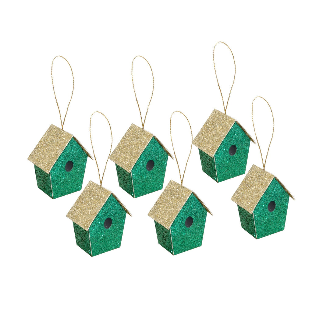 Handmade Christmas Ornaments - Glitter Bird house, Height 2 X Width 2 X Length1.18inch, Green, 6pc