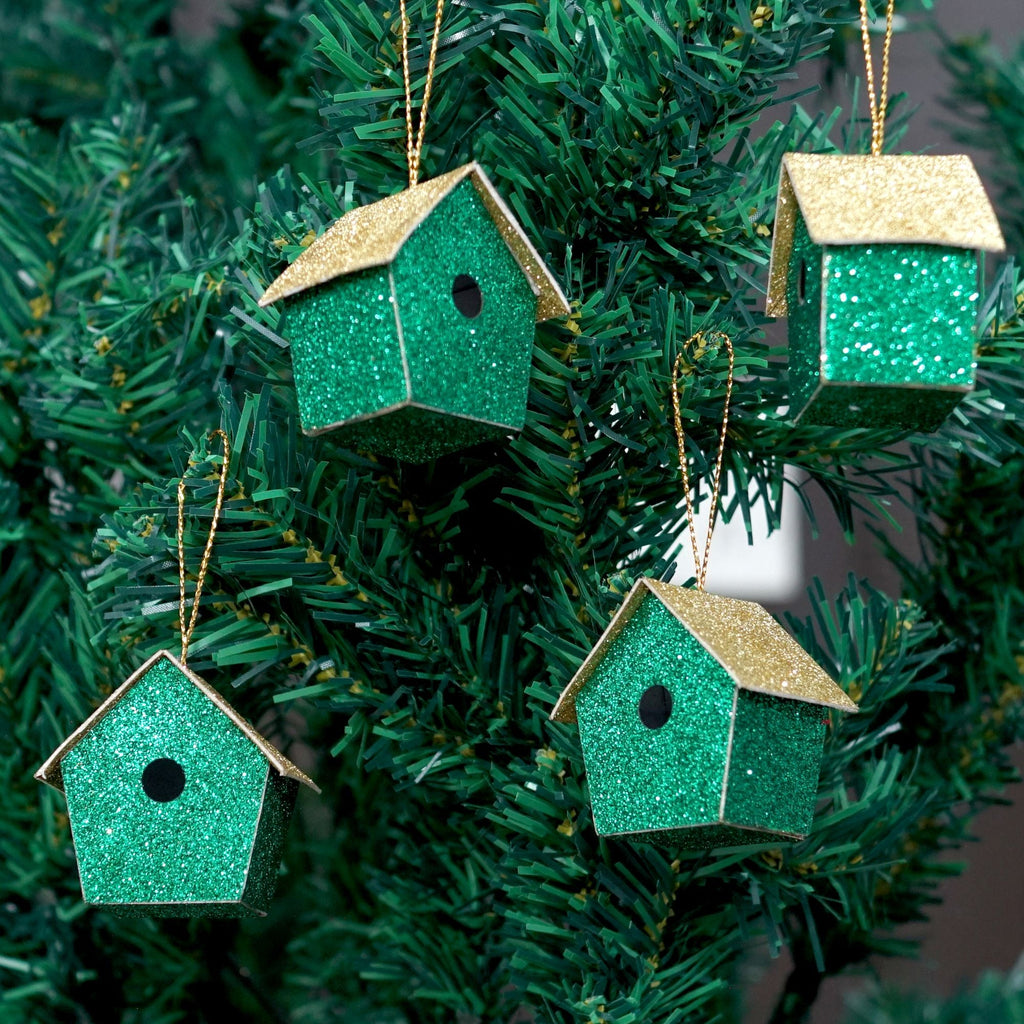 Handmade Christmas Ornaments - Glitter Bird house, H 1.5 X W 1.5 X L 1inch, Green, 8pc