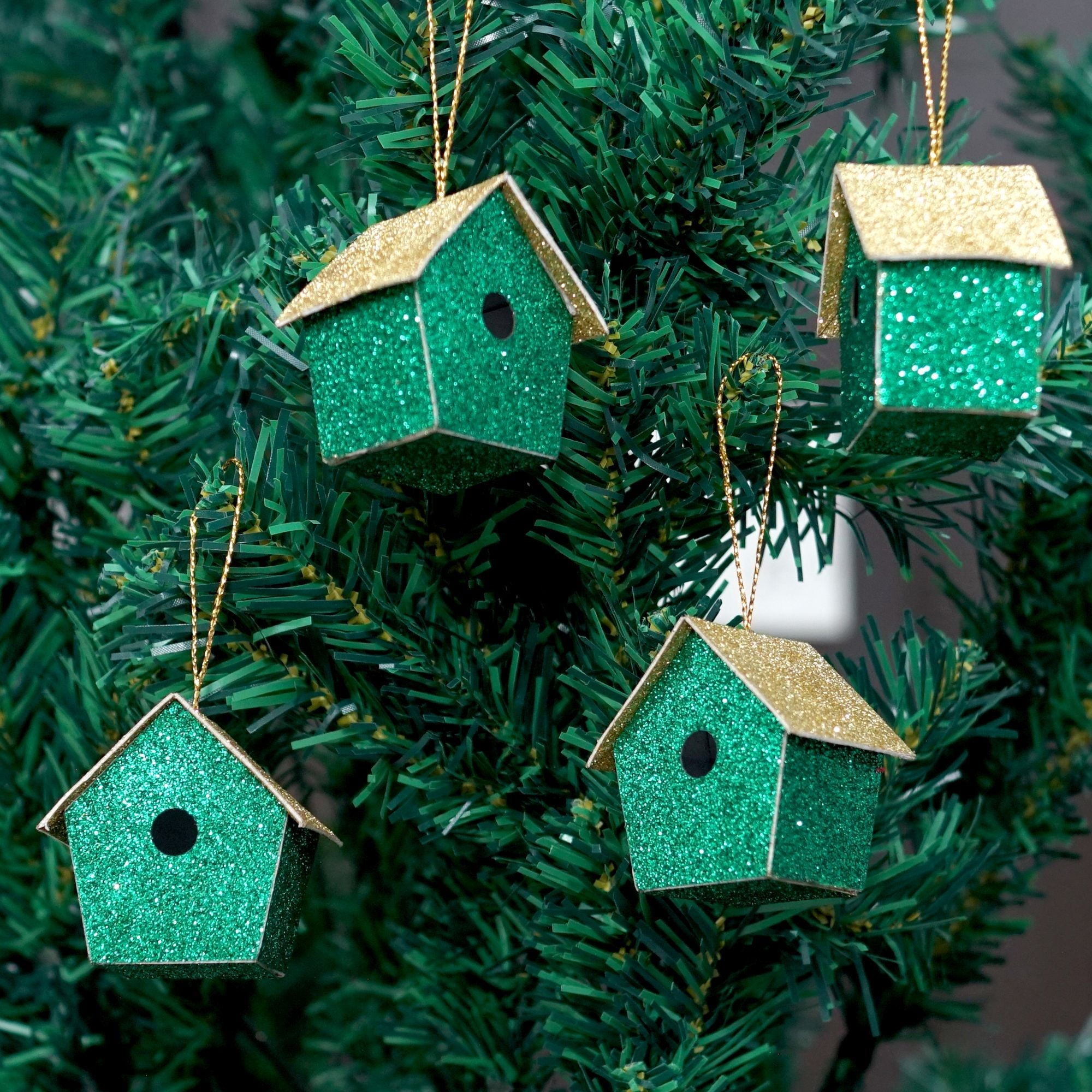 Handmade Christmas Ornaments - Glitter Bird house, H 1.5 X W 1.5 X L 1inch, Green, 8pc