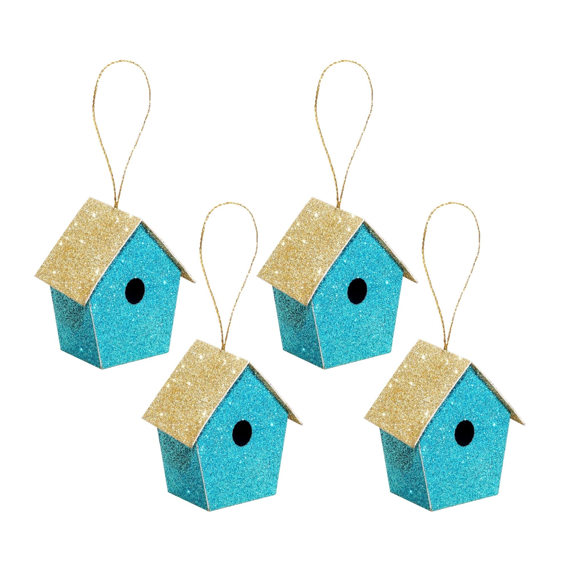Handmade Christmas Ornaments - Glitter Bird house, Height 2.5 X Width 2.5 X Length1.5inch, Blue, 4pc