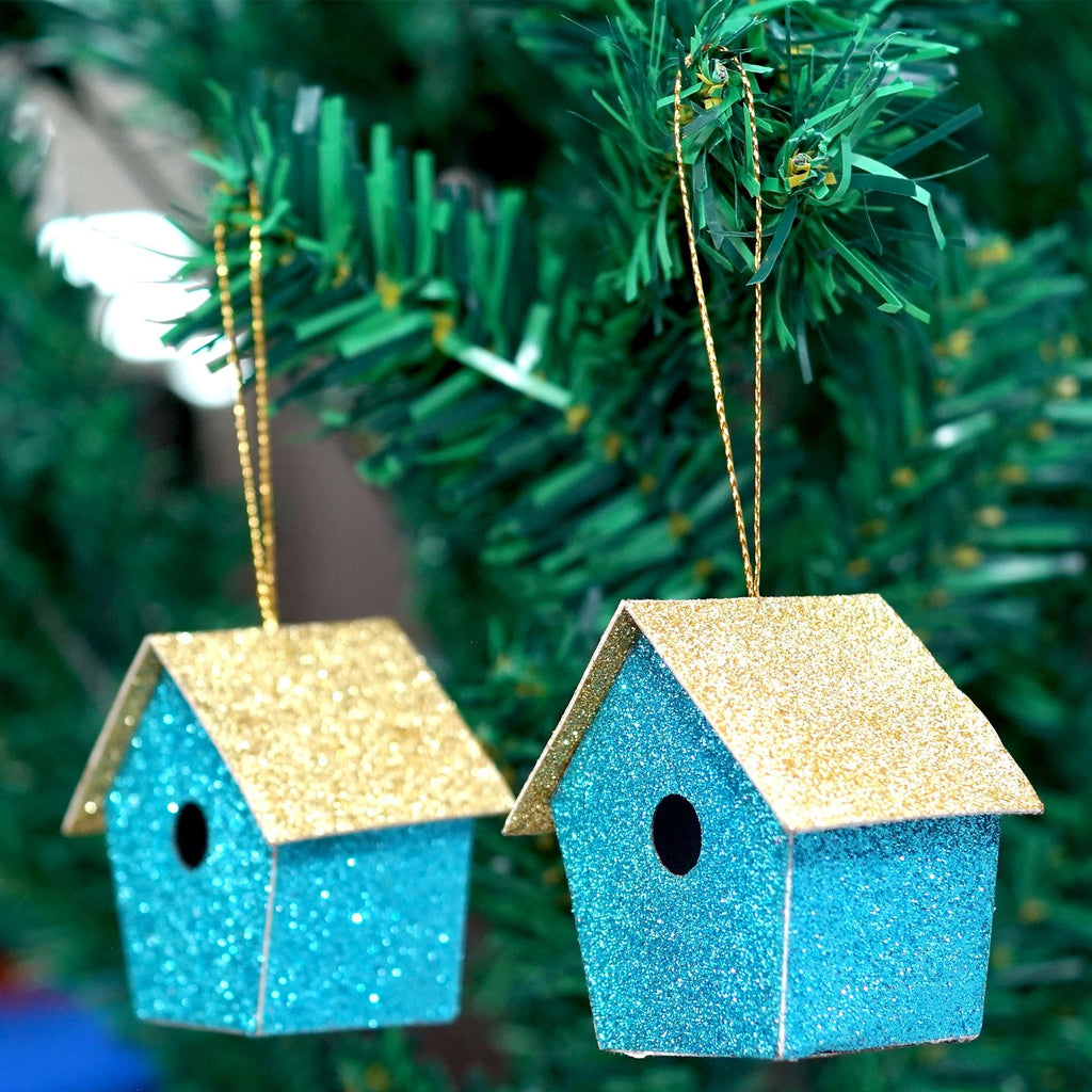 Handmade Christmas Ornaments - Glitter Bird house, Height 2.5 X Width 2.5 X Length1.5inch, Blue, 4pc