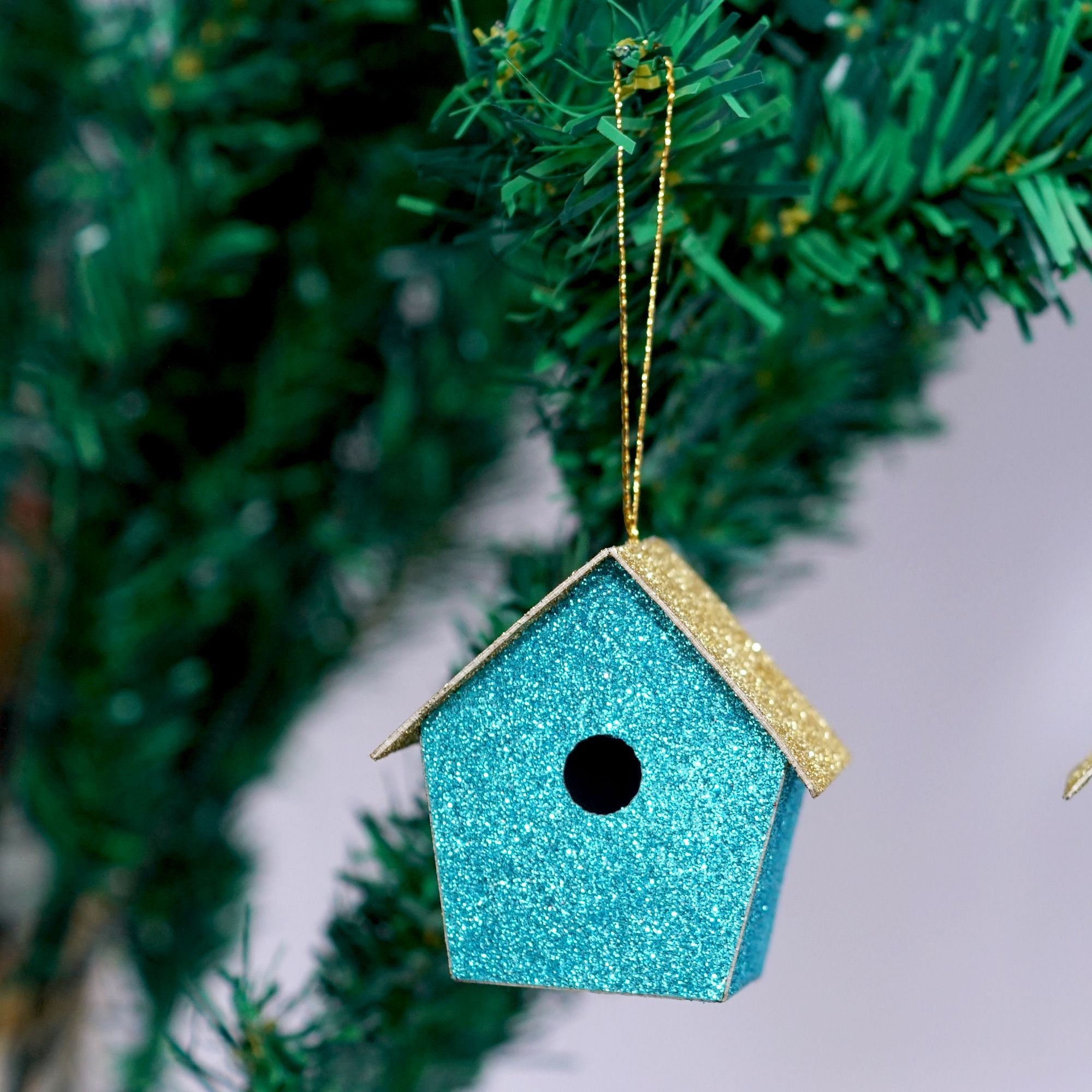 Handmade Christmas Ornaments - Glitter Bird house, Height 2 X Width 2 X Length 1.18inch, Blue, 6pc