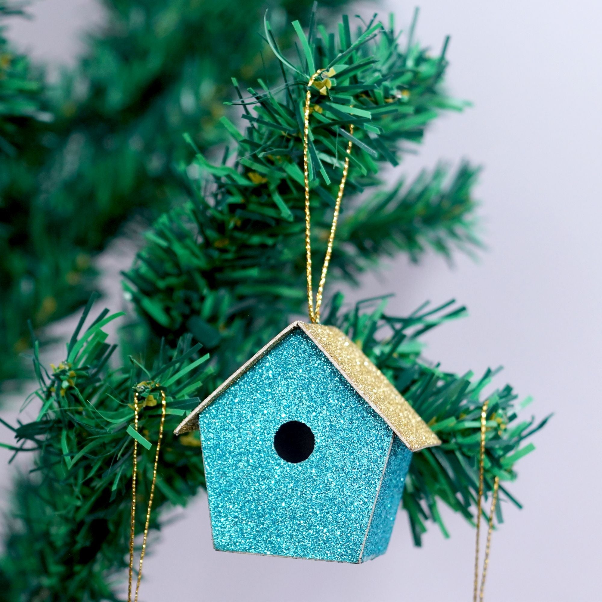 Handmade Christmas Ornaments - Glitter Bird house, H 1.5 X W 1.5 X L 1inch, Blue, 8pc