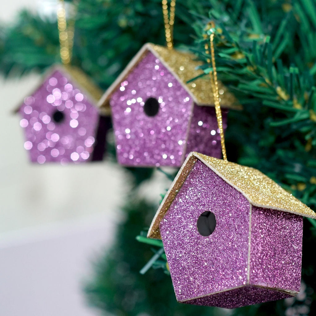 Handmade Christmas Ornaments - Glitter Bird house, Height 2.5 X Width 2.5 X Length1.5inch, Purple, 4pc