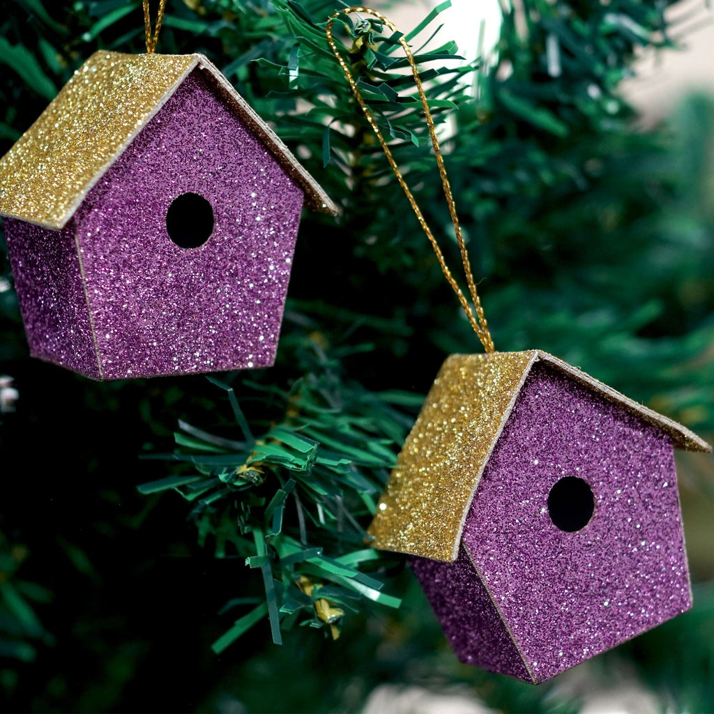 Handmade Christmas Ornaments - Glitter Bird house, Height 2 X Width 2 X Length1.18inch, Purple, 6pc