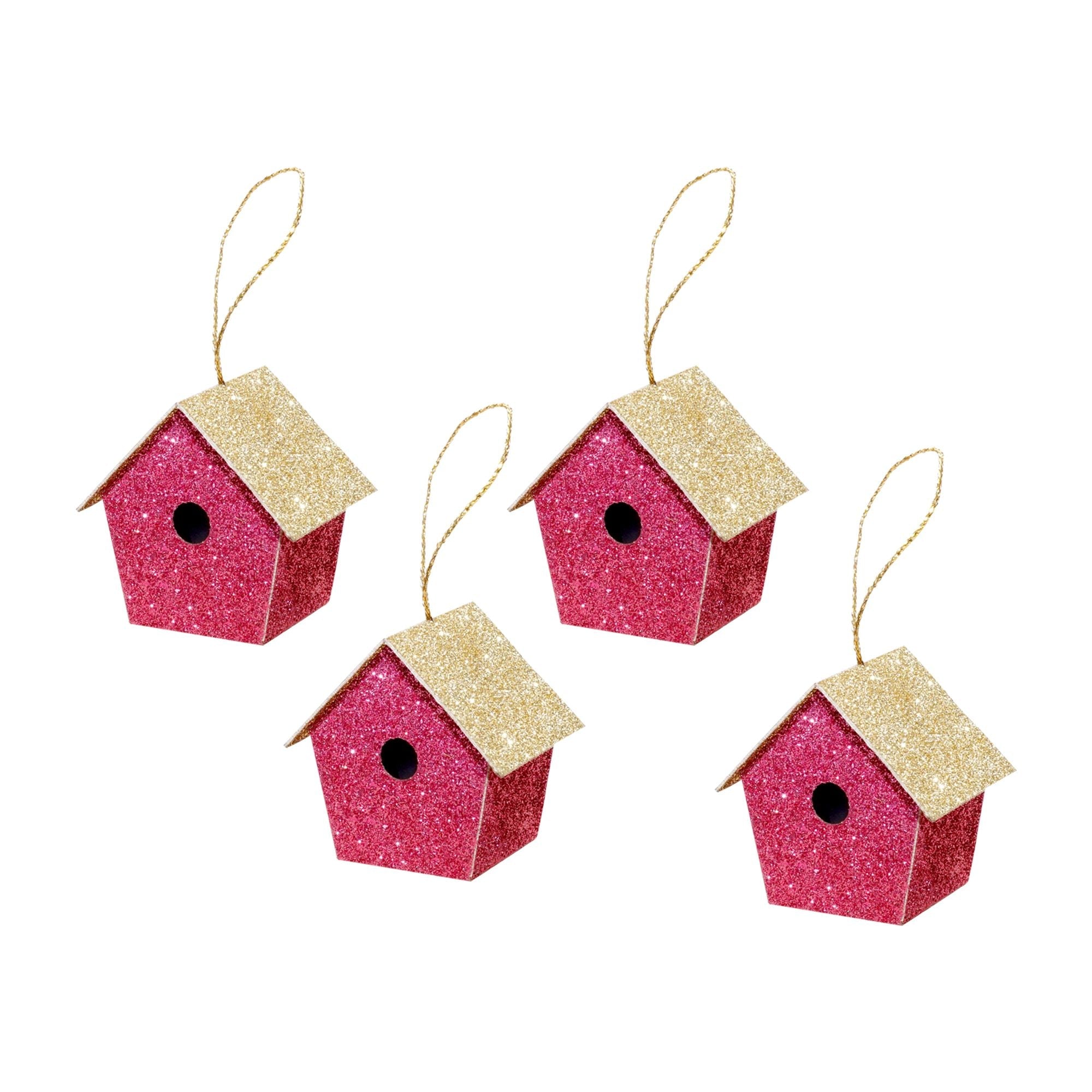Handmade Christmas Ornaments - Glitter Bird house, Height 2.5 X Width 2.5 X Length1.5inch, Pink, 4pc