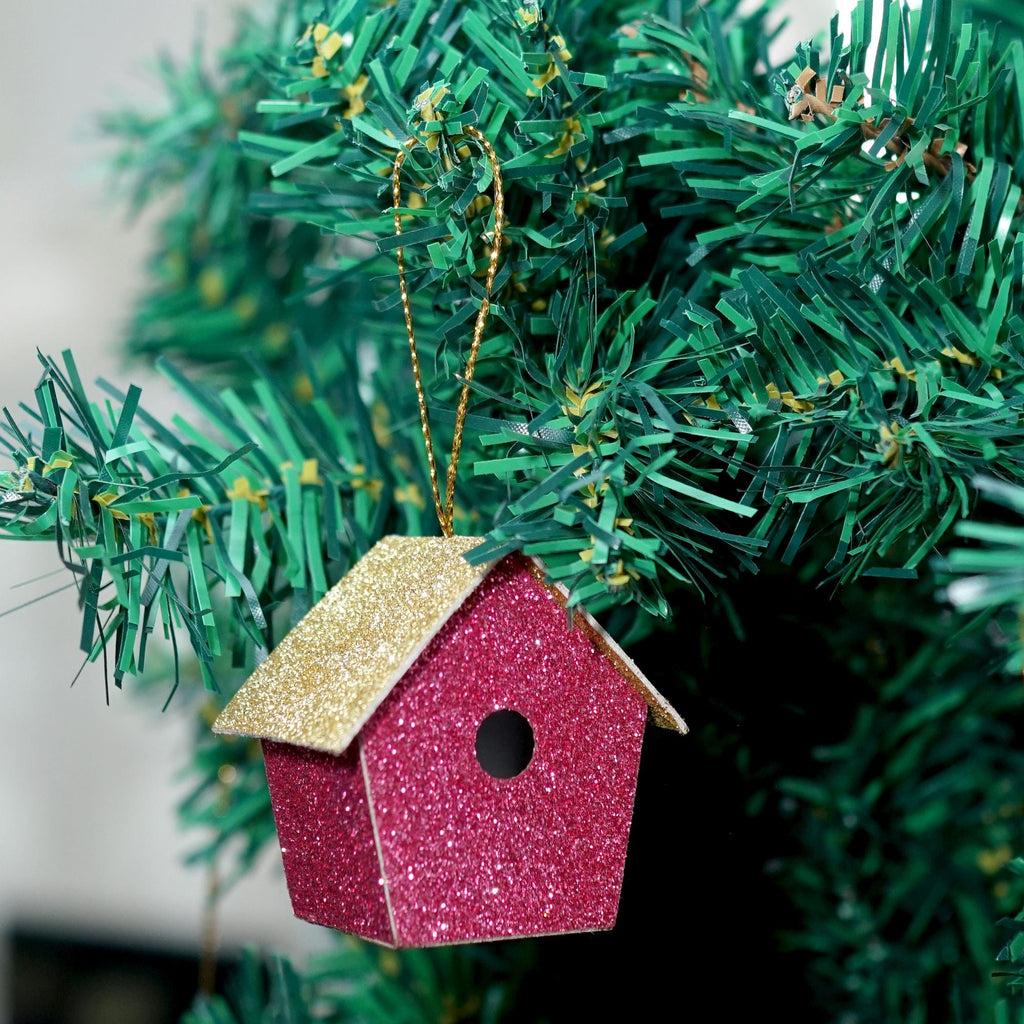 Handmade Christmas Ornaments - Glitter Bird house, Height 2.5 X Width 2.5 X Length1.5inch, Pink, 4pc