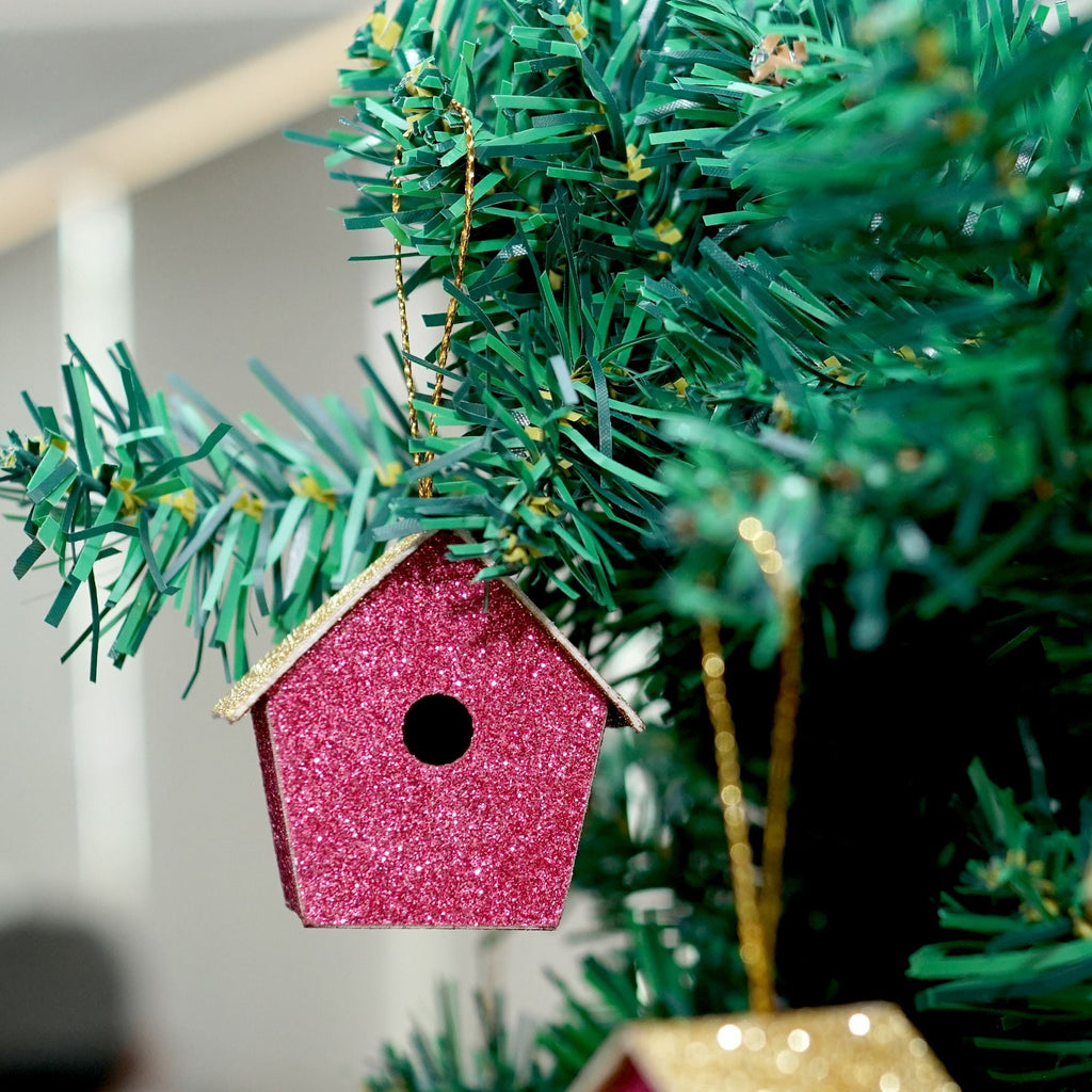 Handmade Christmas Ornaments - Glitter Bird house, Height 2 X Width 2 X Length1.18inch, Pink, 6pc