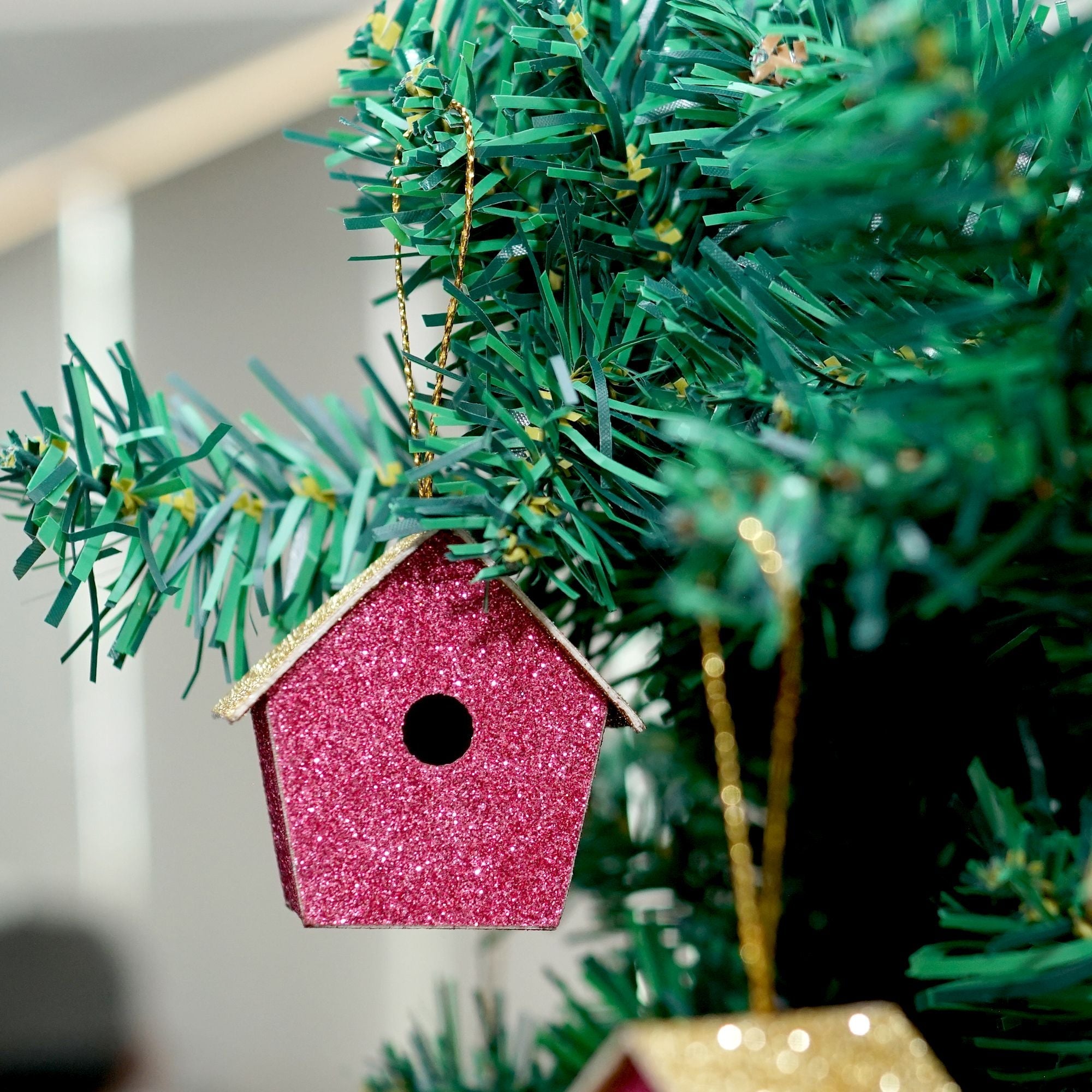 Handmade Christmas Ornaments - Glitter Bird house, Height 2 X Width 2 X Length1.18inch, Pink, 6pc