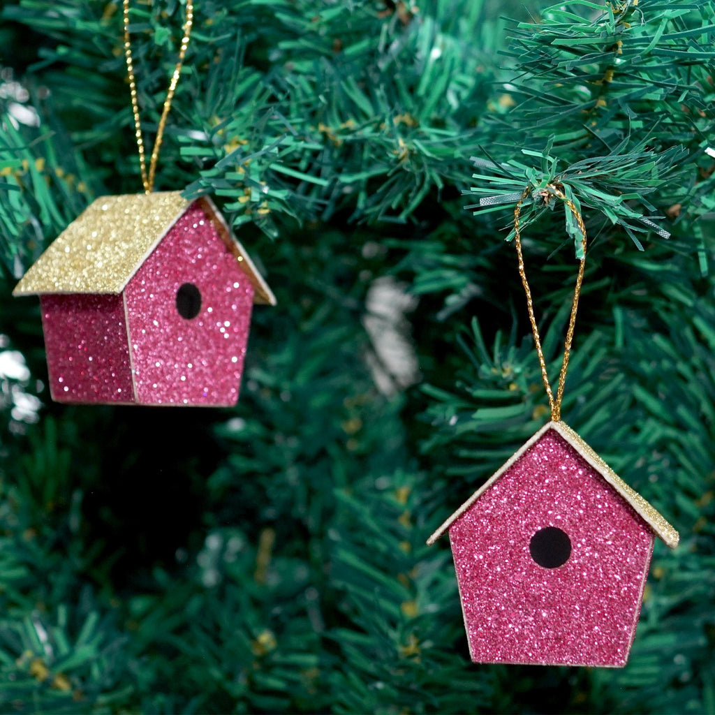 Handmade Christmas Ornaments - Glitter Bird house, Height 1.5 X Width 1.5 X Length1inch, Pink, 8pc