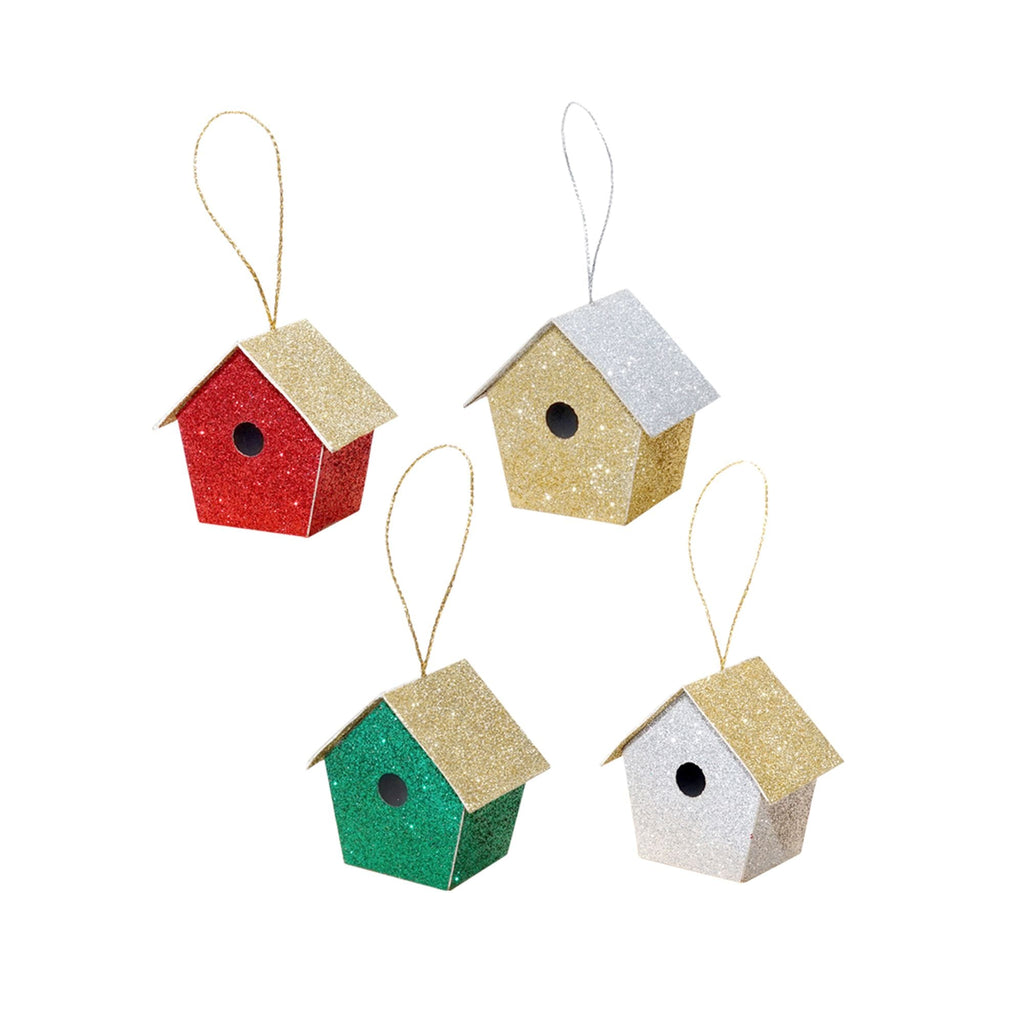 Handmade Christmas Ornaments - Glitter Bird house, Height 2.5 X Width 2.5 X Length1.5inch Assorted Colour - Gold, Red, Green, Silver, 4pc