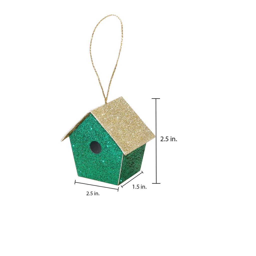 Handmade Christmas Ornaments - Glitter Bird house, Height 2.5 X Width 2.5 X Length1.5inch Assorted Colour - Gold, Red, Green, Silver, 4pc