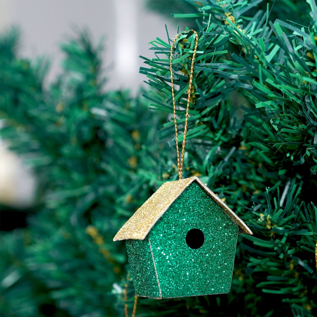 Handmade Christmas Ornaments - Glitter Bird house, H 2 X W 2 X L 1.18inch, Assorted Colours - Gold, Red, Green, Silver, 6pc