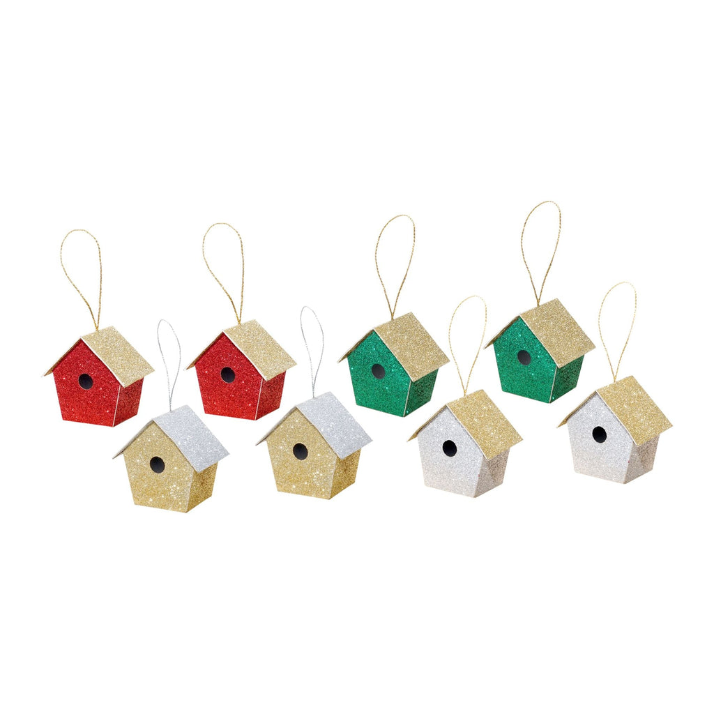 Handmade Christmas Ornaments - Glitter Bird house, H 1.5 X W 1.5 X L 1inch Assorted Colours - Gold, Red, Green, Silver, 8pc