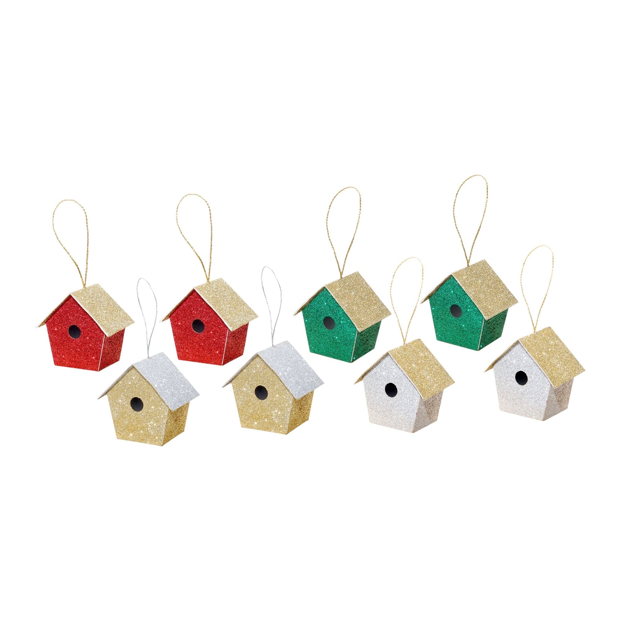 Handmade Christmas Ornaments - Glitter Bird house, H 1.5 X W 1.5 X L 1inch Assorted Colours - Gold, Red, Green, Silver, 8pc