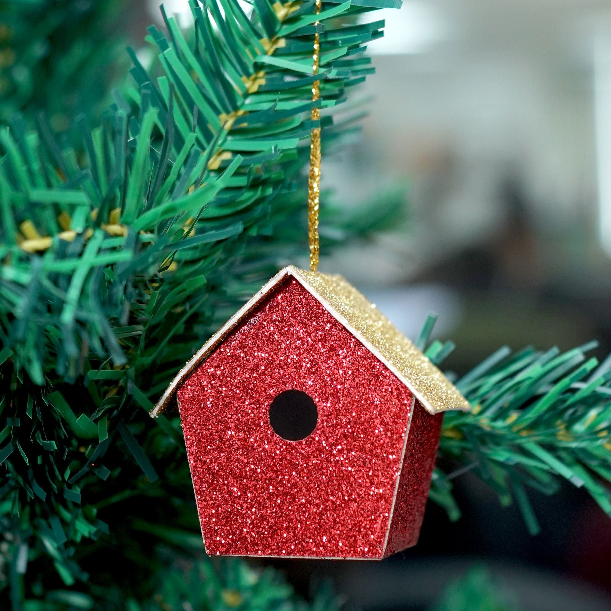Handmade Christmas Ornaments - Glitter Bird house, H 1.5 X W 1.5 X L 1inch Assorted Colours - Gold, Red, Green, Silver, 8pc