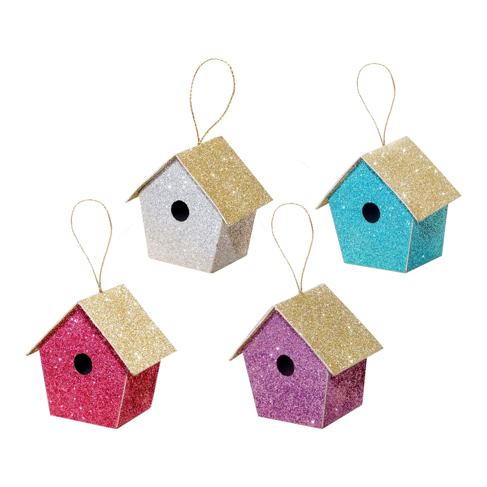 Handmade Christmas Ornaments - Glitter Bird house, Height 2.5 X Width 2.5 X Length1.5inch Assorted Colours - Blue, Purple, Silver, Pink, 4pc