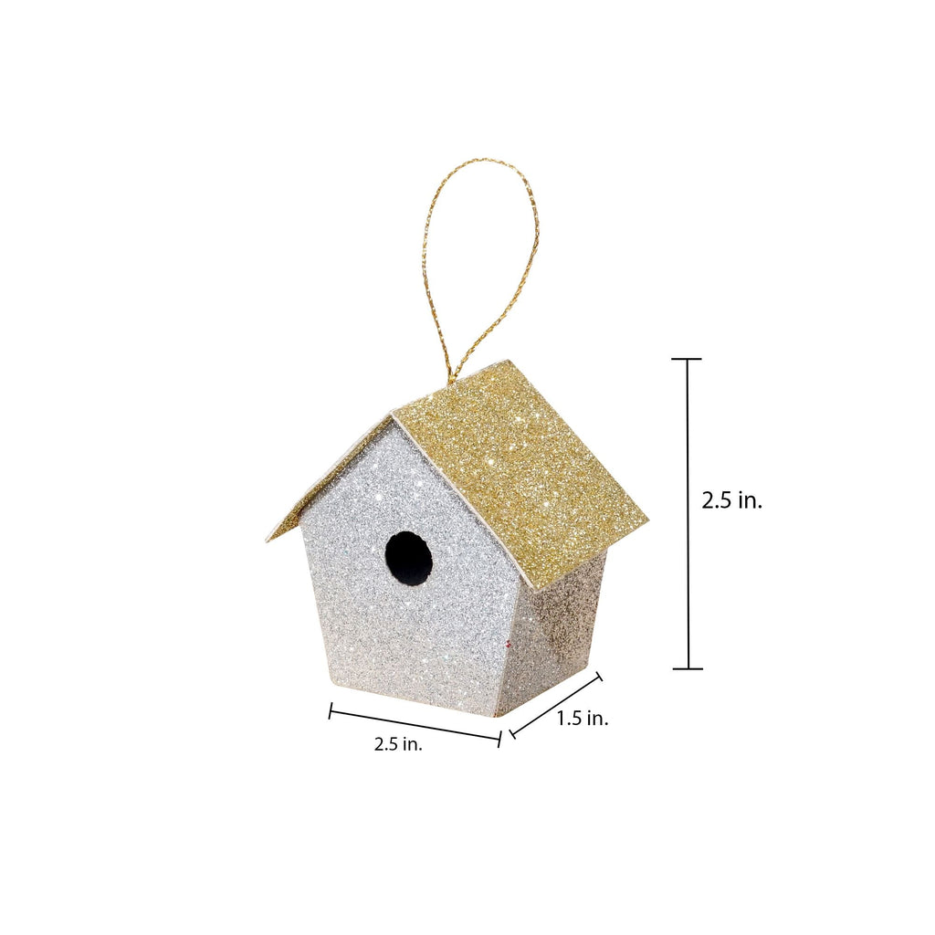 Handmade Christmas Ornaments - Glitter Bird house, Height 2.5 X Width 2.5 X Length1.5inch Assorted Colours - Blue, Purple, Silver, Pink, 4pc