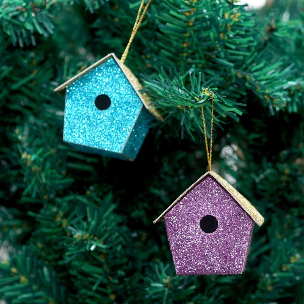 Handmade Christmas Ornaments - Glitter Bird house, H 2 X W 2 X L 1.18inch, Assorted Colours - Blue, Purple, Silver, Pink, 6pc