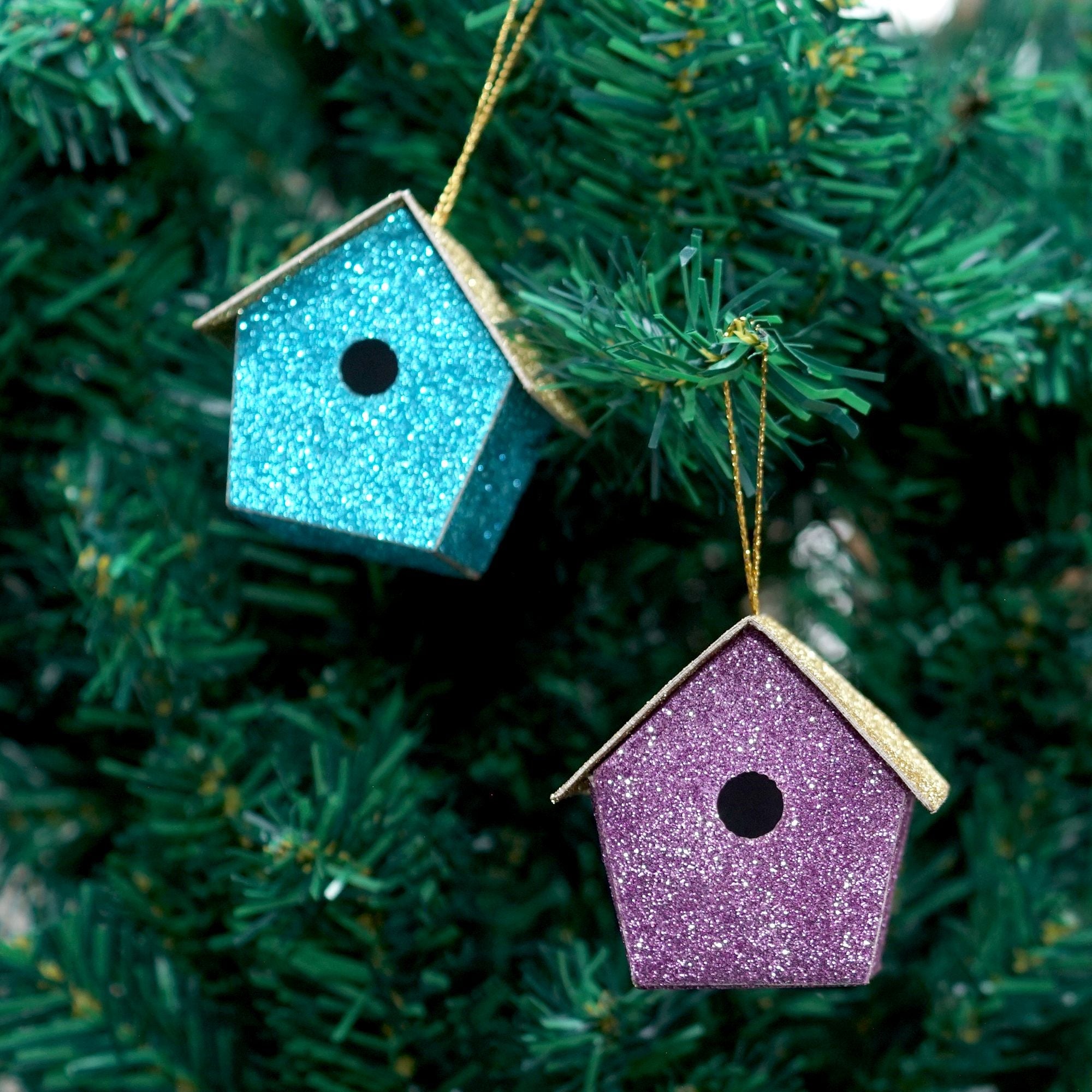 Handmade Christmas Ornaments - Glitter Bird house, H 2 X W 2 X L 1.18inch, Assorted Colours - Blue, Purple, Silver, Pink, 6pc