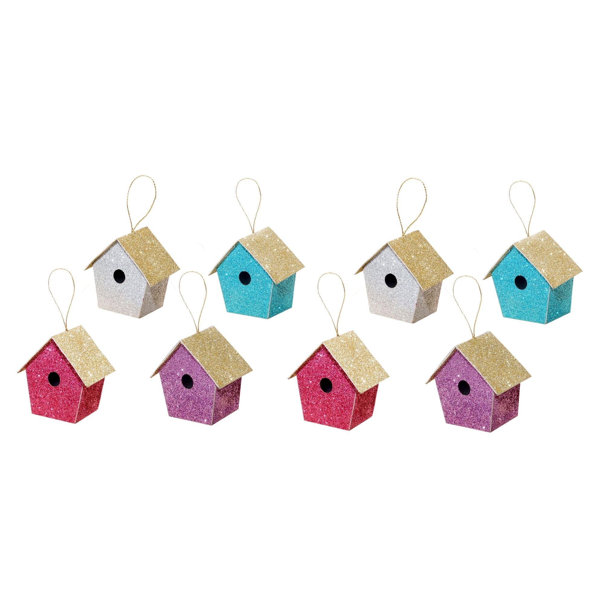 Handmade Christmas Ornaments - Glitter Bird house, H 1.5 X W 1.5 X L 1inch Assorted Colours - Blue, Purple, Silver, Pink, 8pc